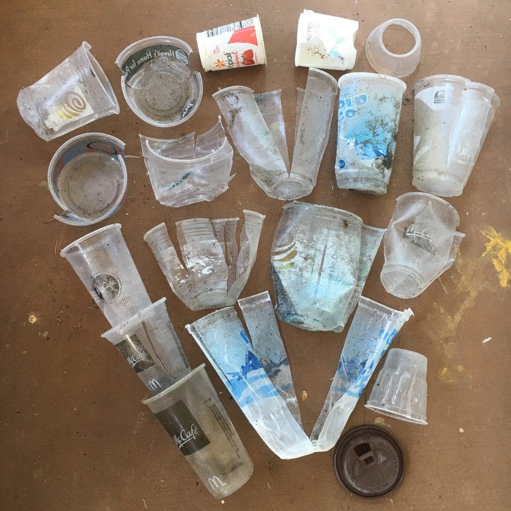Plastic cups found on a beach cleanup.